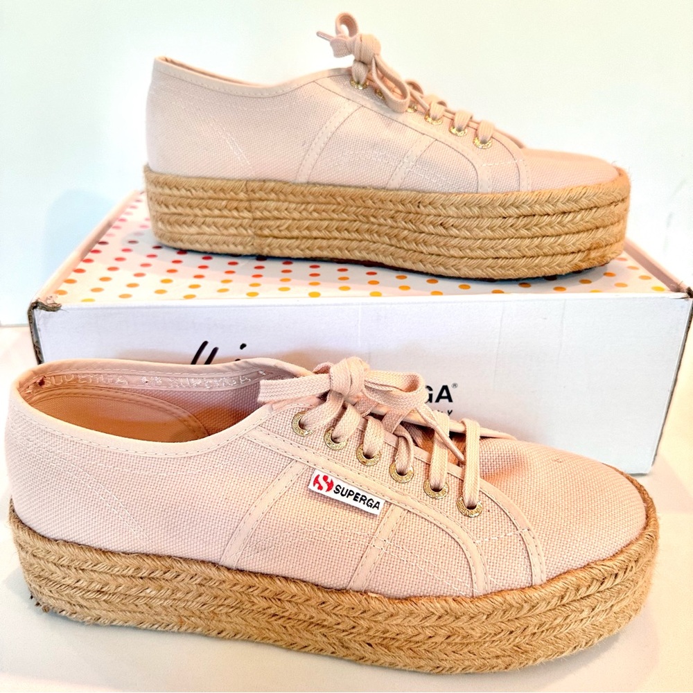 Superga Platform Sneakers in Light Pink with Natural Espadrille Sole
